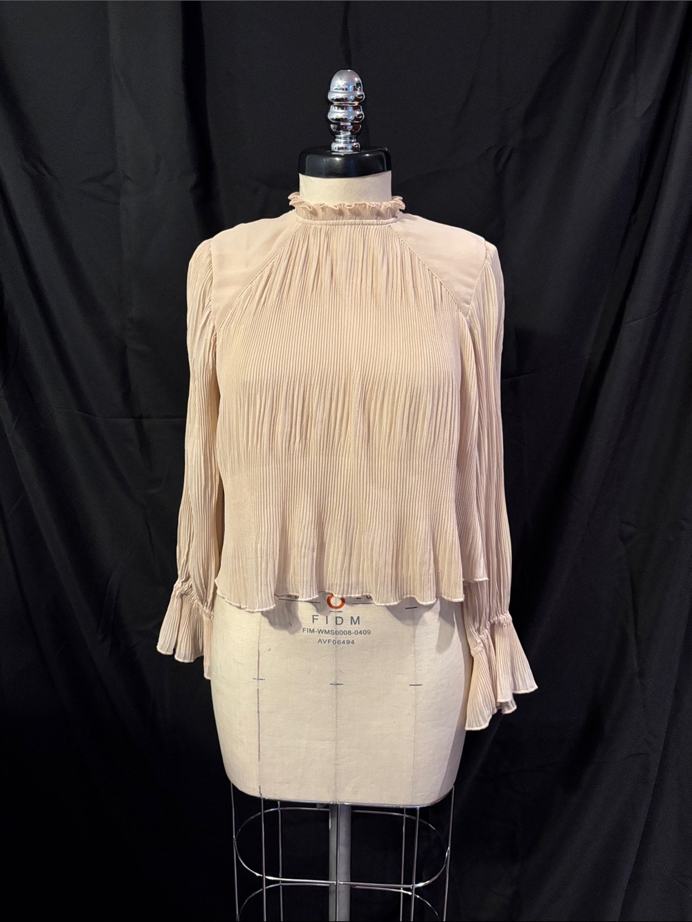 Zara Pleated High-Neck Long-Sleeve Top in Light Beige